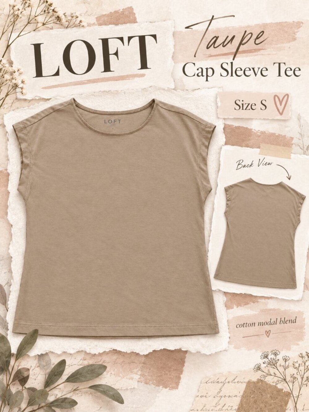 LOFT Modern Wedge Tee Size Small Taupe Beige Cotton Modal Cap Sleeve
